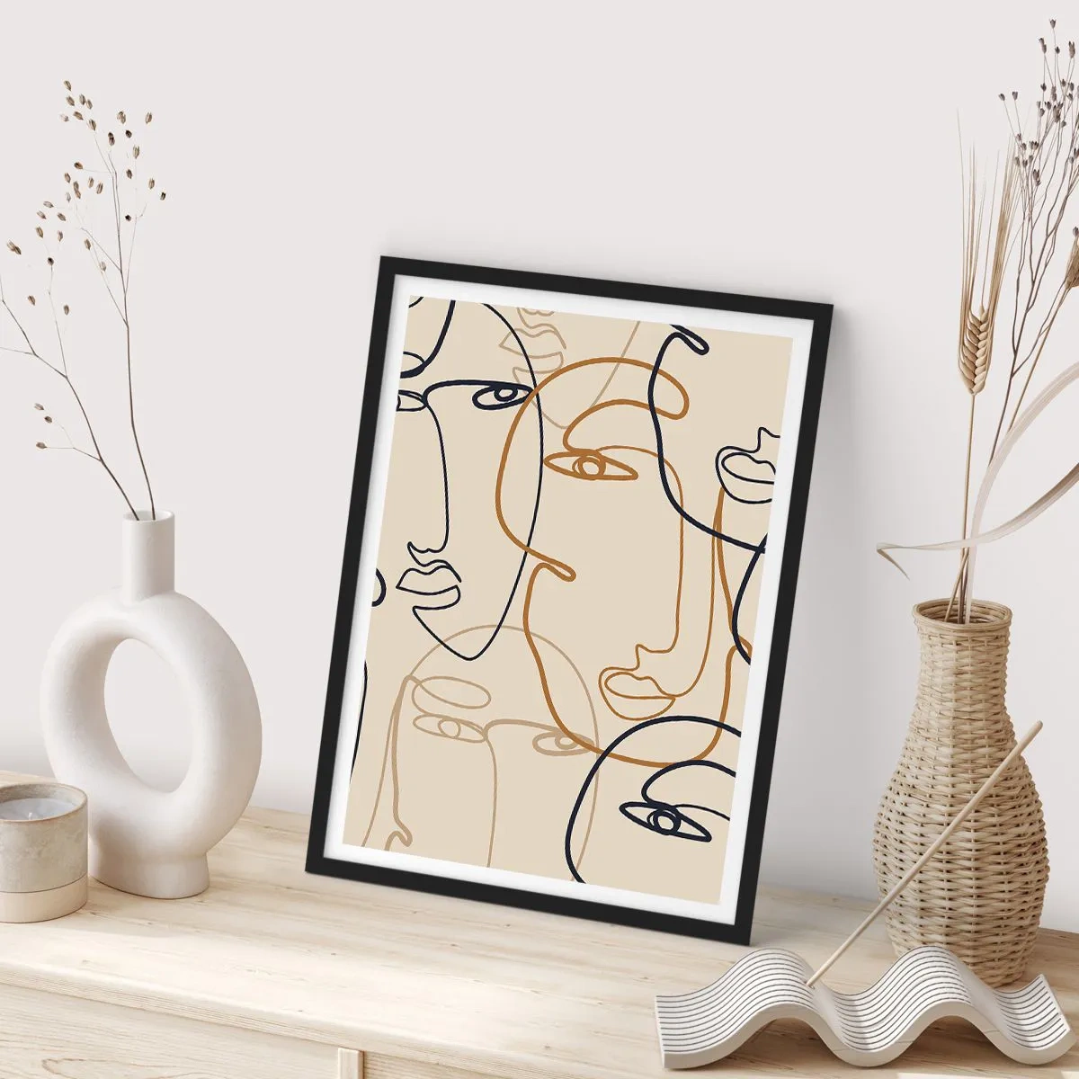 Poster in cornice nera - Disegni minimalisti di volti su sfondo beige - 50x70cm - Ritratto multiplo - Decorazione murale moderna per soggiorno e camera da letto ARTTOR