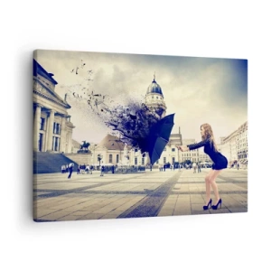 Quadro su tela - Stampe su Tela - Una donna con un ombrello in una composizione artistica su uno sfondo urbano - 70x50cm - C'è un vento tale... - Decorazione murale moderna per soggiorno e camera da letto ARTTOR