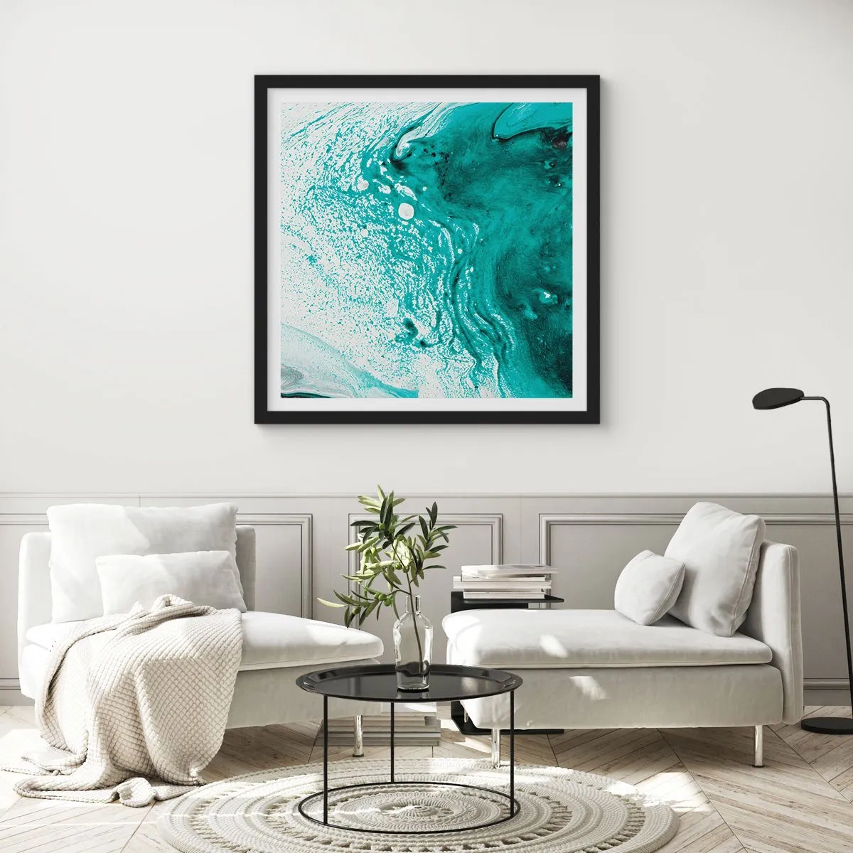 Poster in cornice nera - Sciogliendosi nel bianco e nel turchese - 30x30 cm