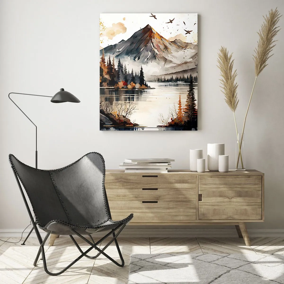 Quadro su vetro - Paesaggio montano autunnale con lago e alberi in acquerello - 70x100cm - L'autunno dorato sui monti - Decorazione murale moderna per soggiorno e camera da letto ARTTOR