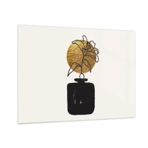 Quadro su vetro - Grafica minimalista con un fiore in un cerchio dorato e un vaso nero - 70x50cm - Bellezza a peso d'oro - Decorazione murale moderna per soggiorno e camera da letto ARTTOR