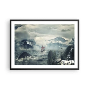 Poster in cornice nera - Un paesaggio misterioso con un castello, montagne e una nave - 70x50cm - Sulle acque magiche - Decorazione murale moderna per soggiorno e camera da letto ARTTOR