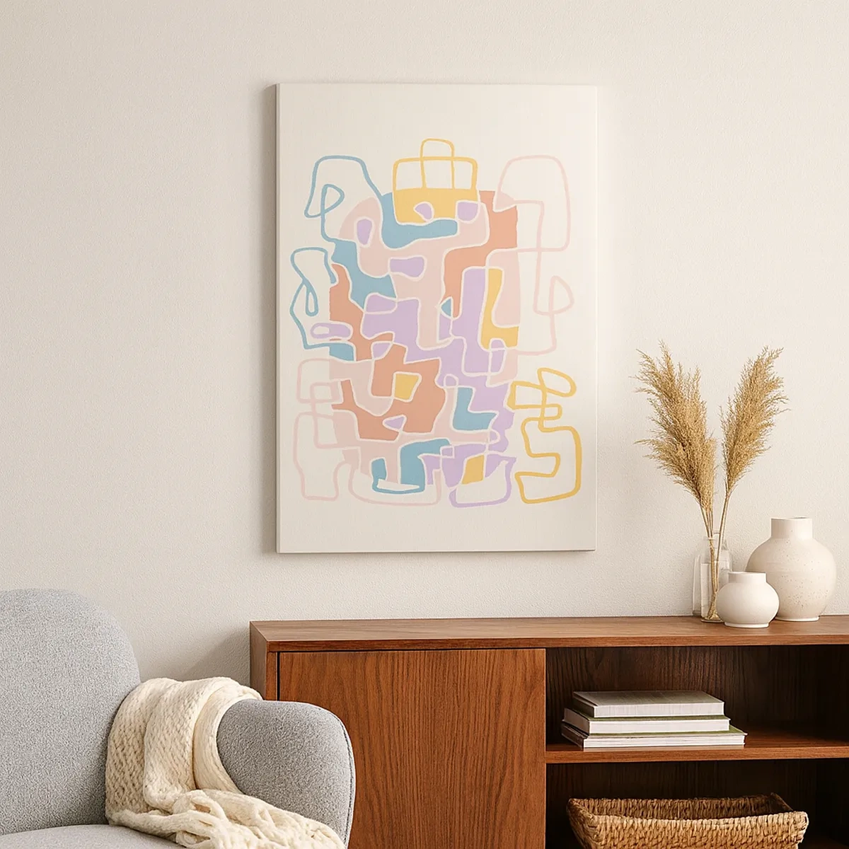 Quadro su tela - Stampe su Tela - Linee astratte pastello che creano motivi geometrici - 50x70cm - Labirinto: avventura gioiosa - Decorazione murale moderna per soggiorno e camera da letto ARTTOR