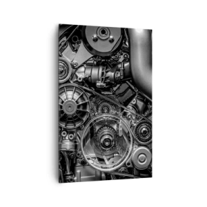 Quadro su tela - Stampe su Tela - Primo piano in bianco e nero dei dettagli meccanici del motore di un'auto. - 80x120cm - La poesia della meccanica - Decorazione murale moderna per soggiorno e camera da letto ARTTOR