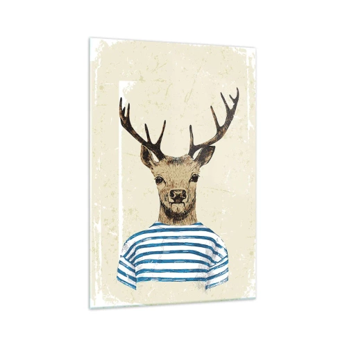 Quadro su vetro - Un cervo con una camicia a righe su uno sfondo chiaro con una trama delicata - 70x100cm - Mi piacciono le camicie a righe! - Decorazione murale moderna per soggiorno e camera da letto ARTTOR