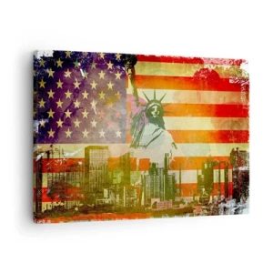 Quadro su tela - Stampe su Tela - La Statua della Libertà sullo sfondo della bandiera americana e dello skyline della città - 70x50cm - Viva l'America! - Decorazione murale moderna per soggiorno e camera da letto ARTTOR