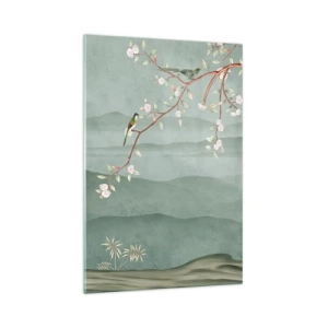 Quadro su vetro - Un'immagine pittoresca di un ramo di albero fiorito con uccelli sullo sfondo di verdi colline. - 70x100cm - Eccoti primavera - Decorazione murale moderna per soggiorno e camera da letto ARTTOR