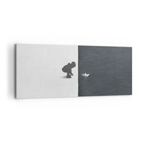 Quadro su tela - Stampe su Tela - La figura di un bambino con una barchetta di carta su uno sfondo di metà contrastanti - 120x50cm - La grande spedizione - Decorazione murale moderna per soggiorno e camera da letto ARTTOR