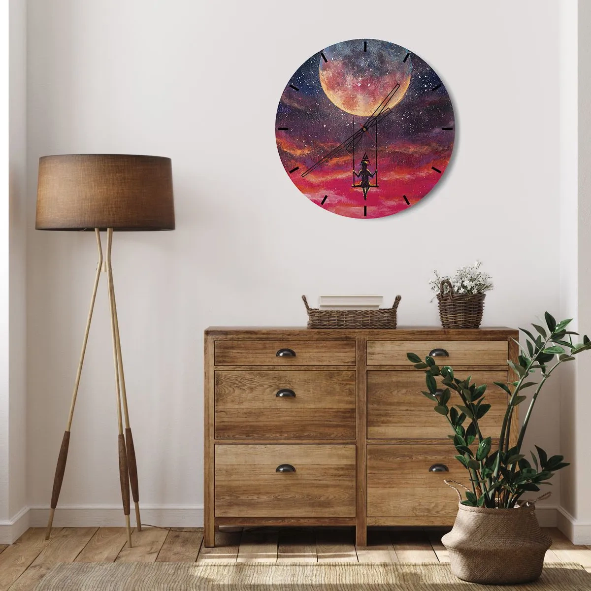 Orologio da parete - Orologio in Vetro - Una ragazza su un'altalena sospesa sotto la luna - 30x30cm - Con la testa tra le nuvole - Decorazione murale moderna per soggiorno, cucina e camera da letto ARTTOR