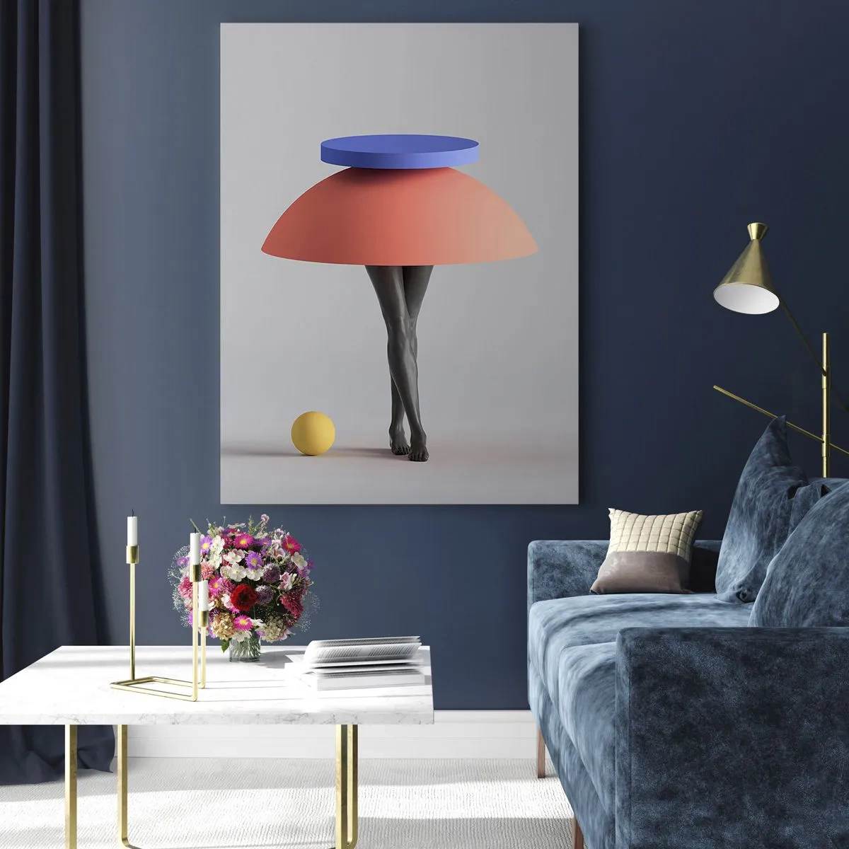 Quadro su vetro - Composizione geometrica astratta con gambe e una palla - 70x100cm - Composizione surrealista - Decorazione murale moderna per soggiorno e camera da letto ARTTOR