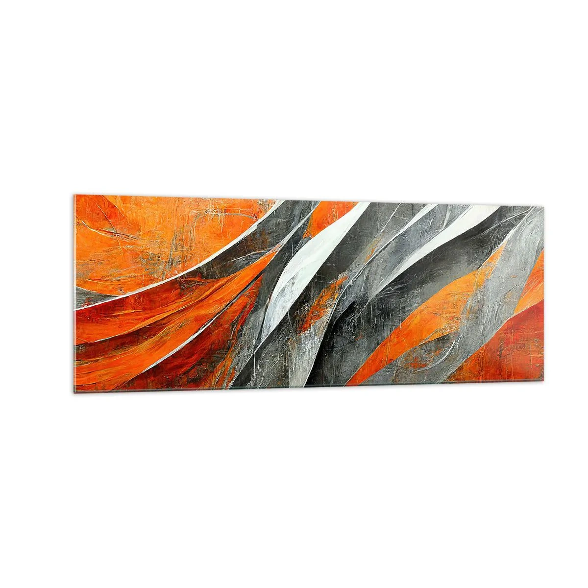 Quadro su vetro - Linee astratte nei toni dell'arancione e del grigio - 140x50cm - Caldo e freddo - Decorazione murale moderna per soggiorno e camera da letto ARTTOR