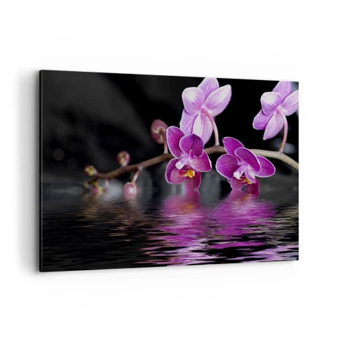 Quadro su tela - Stampe su Tela - Orchidee viola su acqua calma su sfondo nero - 120x80cm - La bellezza riflessa dai gigli - Decorazione murale moderna per soggiorno e camera da letto ARTTOR