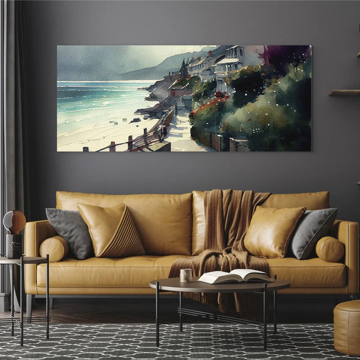 Quadro su vetro - Lungomare con case e vegetazione - 140x50cm - Cittadina mediterranea - Decorazione murale moderna per soggiorno e camera da letto ARTTOR