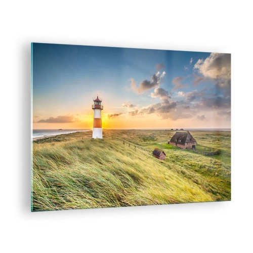 Quadro su vetro - Un faro al tramonto su un mare in tempesta - 70x50cm - Tra le onde - Decorazione murale moderna per soggiorno e camera da letto ARTTOR
