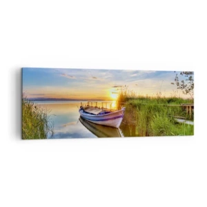 Quadro su tela - Stampe su Tela - Una barca in una baia tranquilla al tramonto - 140x50cm - L'insenatura dei sogni realizzati - Decorazione murale moderna per soggiorno e camera da letto ARTTOR