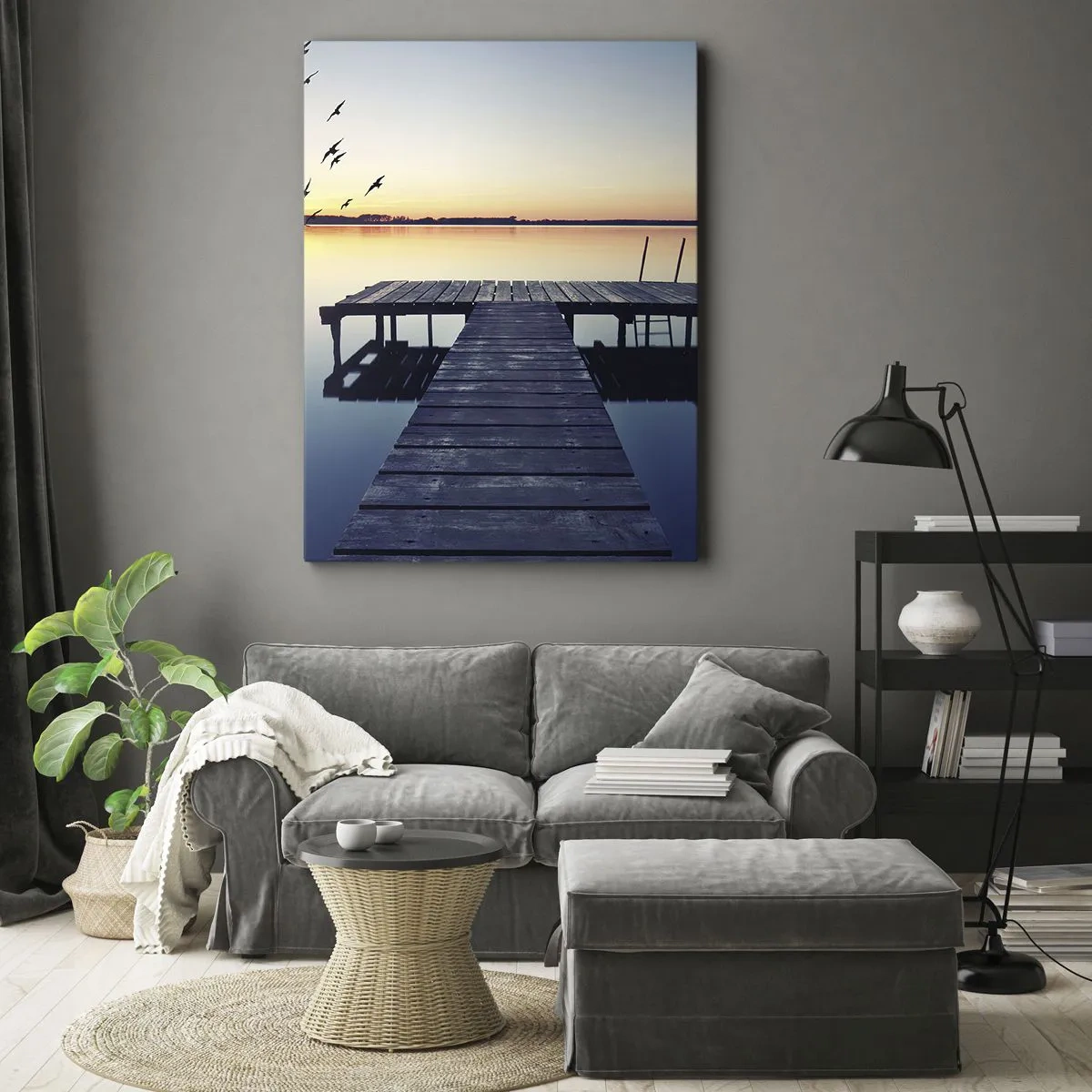 Quadro su tela - Stampe su Tela - Molo di legno su un lago all'alba con uccelli - 50x70cm - È stata una buona giornata - Decorazione murale moderna per soggiorno e camera da letto ARTTOR