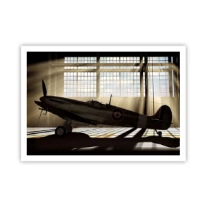 Poster - Un aereo storico in un hangar illuminato dalla luce del sole - 100x70cm - Il riposo del guerriero - Decorazione murale moderna per soggiorno e camera da letto ARTTOR