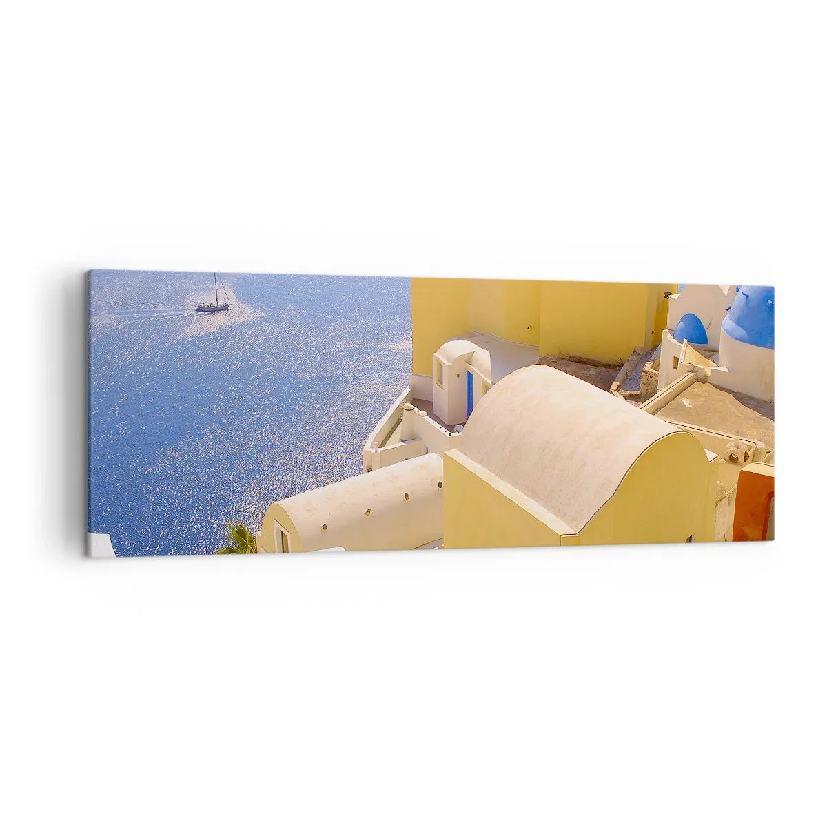 Quadro su tela - Stampe su Tela - Architettura greca con vista sul mare e una barca sullo sfondo - 140x50cm - Paesaggio greco in bianco e blu - Decorazione murale moderna per soggiorno e camera da letto ARTTOR