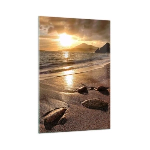 Quadro su vetro - Spiaggia al tramonto con pietre sulla riva - 70x100cm - Seguendo il sole verso le colline - Decorazione murale moderna per soggiorno e camera da letto ARTTOR