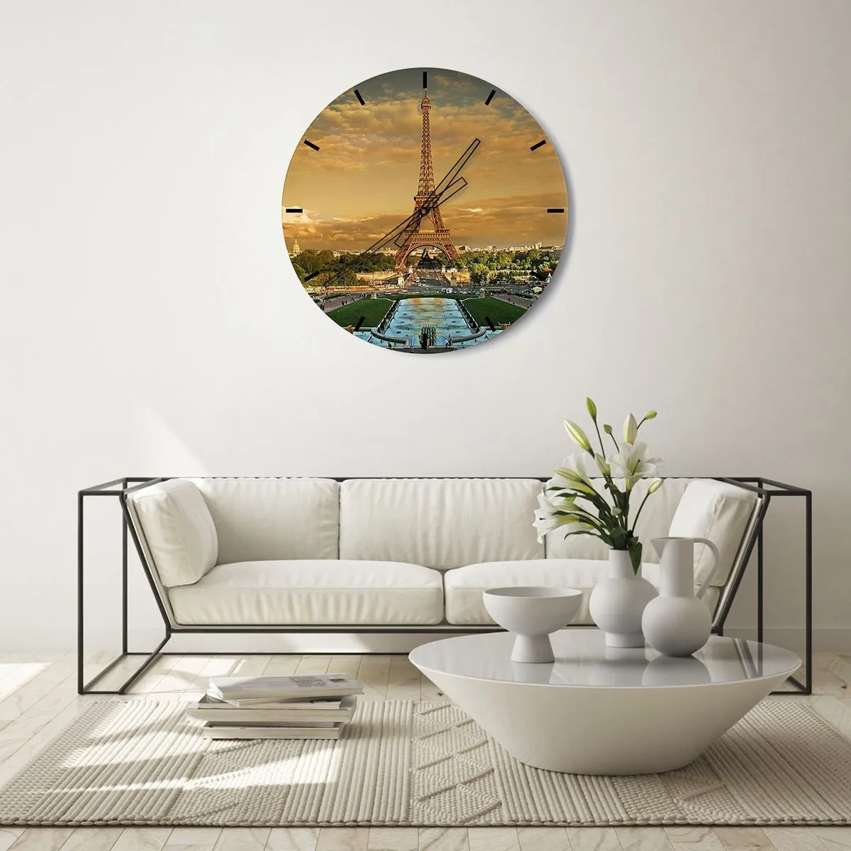 Orologio da parete - Orologio in Vetro - Vista della Torre Eiffel al tramonto - 30x30cm - La regina di Parigi - Decorazione murale moderna per soggiorno, cucina e camera da letto ARTTOR