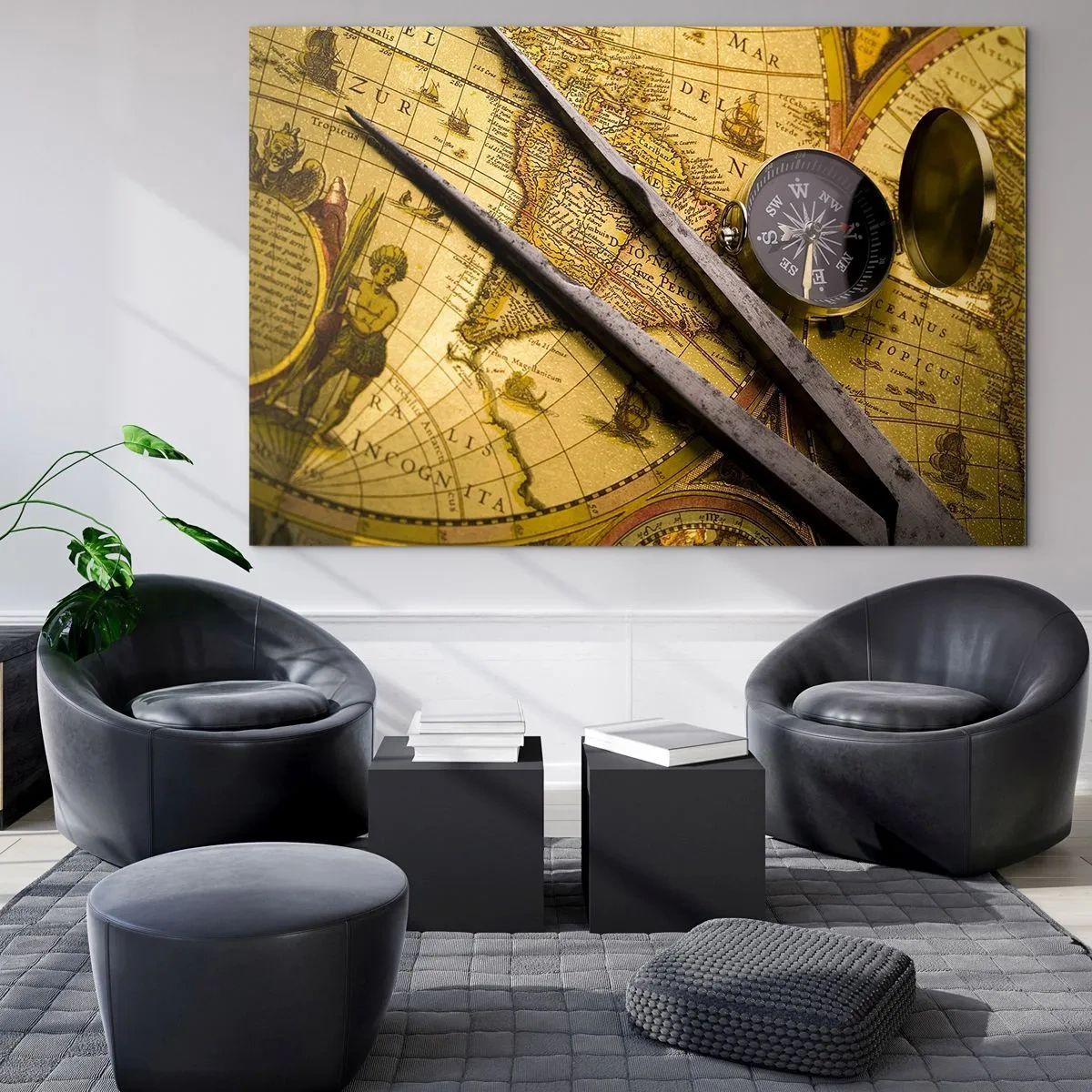 Quadro su vetro - Vecchia mappa con bussola e bussola - 70x50cm - Dove sono questi tesori? - Decorazione murale moderna per soggiorno e camera da letto ARTTOR