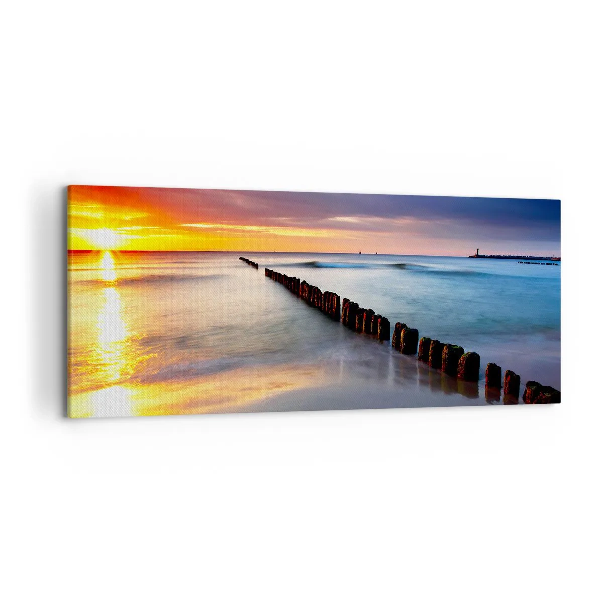 Quadro su tela - Stampe su Tela - Tramonto sul mare con un frangiflutti in primo piano - 120x50cm - Ascolta il silenzio - Decorazione murale moderna per soggiorno e camera da letto ARTTOR