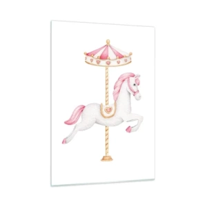 Quadro su vetro - Cavallo da giostra rosa e bianco su sfondo bianco - 50x70cm - Partito al galoppo. - Decorazione murale moderna per soggiorno e camera da letto ARTTOR