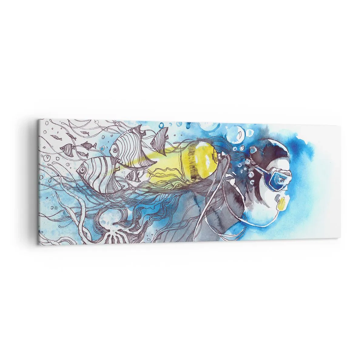 Quadro su tela - Stampe su Tela - Scena subacquea con un subacqueo e pesci esotici - 140x50cm - Il grande blu - Decorazione murale moderna per soggiorno e camera da letto ARTTOR