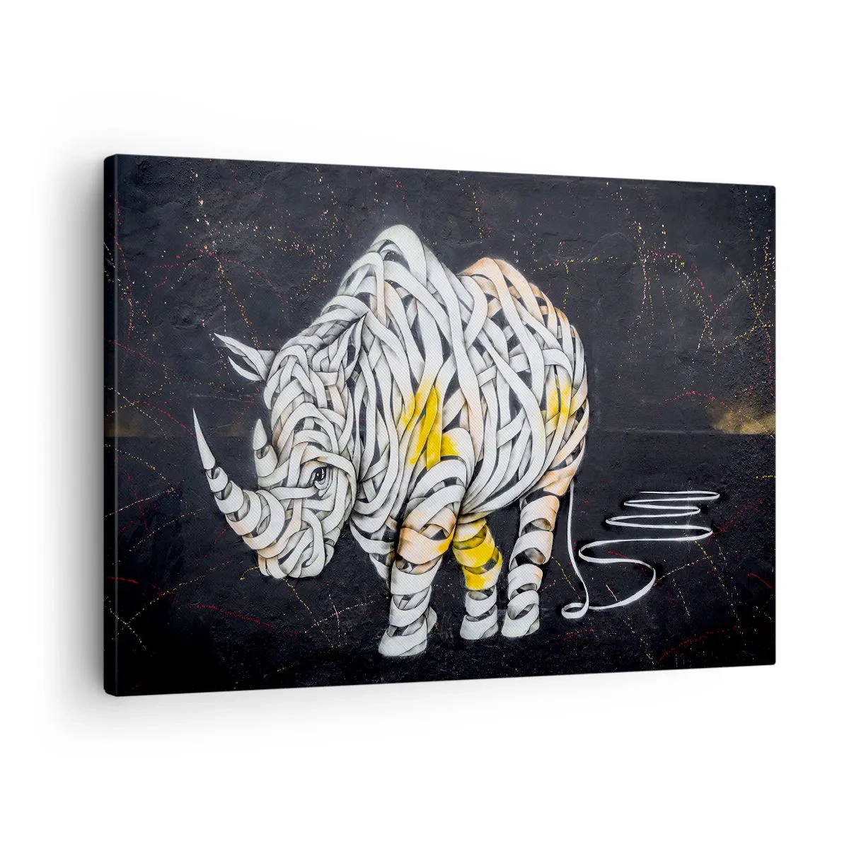 Quadro su tela - Stampe su Tela - Un rinoceronte scolpito con strisce astratte su sfondo scuro. - 70x50cm - La pelle dura è un mito - Decorazione murale moderna per soggiorno e camera da letto ARTTOR