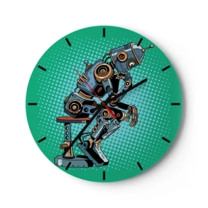 Orologio da parete - Orologio in Vetro - Un robot in posa da pensatore su uno sfondo verde - 30x30cm - Sull'essenza dell'essere - Decorazione murale moderna per soggiorno, cucina e camera da letto ARTTOR