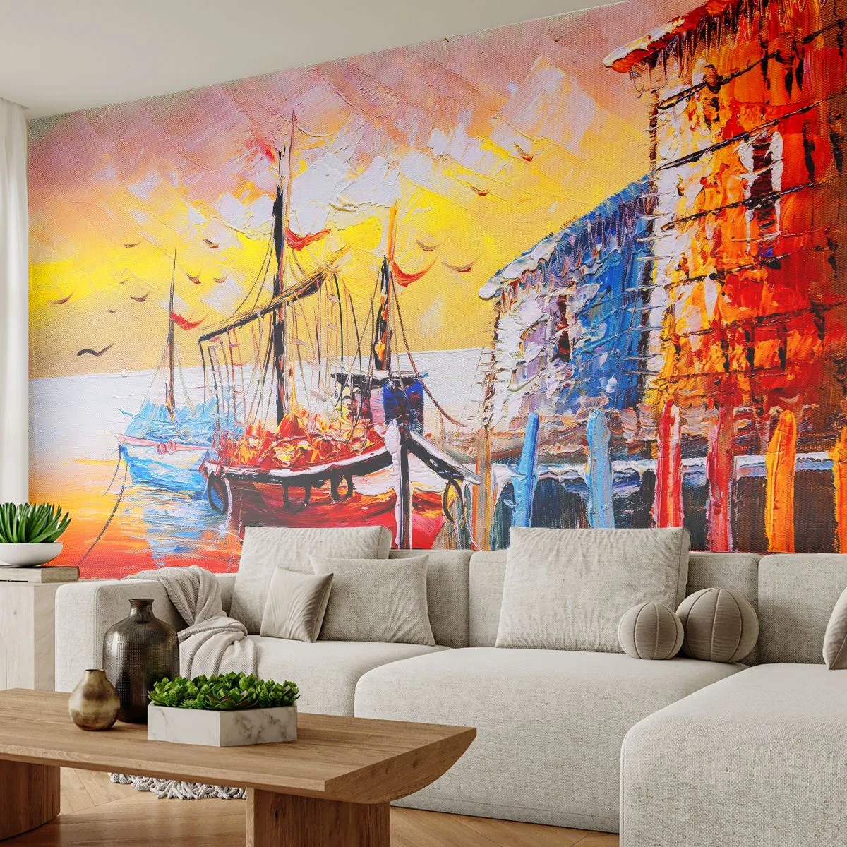 Fotomurali Premium Sand - Scena del porto al tramonto - 100x70cm - Ritorno felice - Decorazione murale moderna per soggiorno e camera da letto ARTTOR