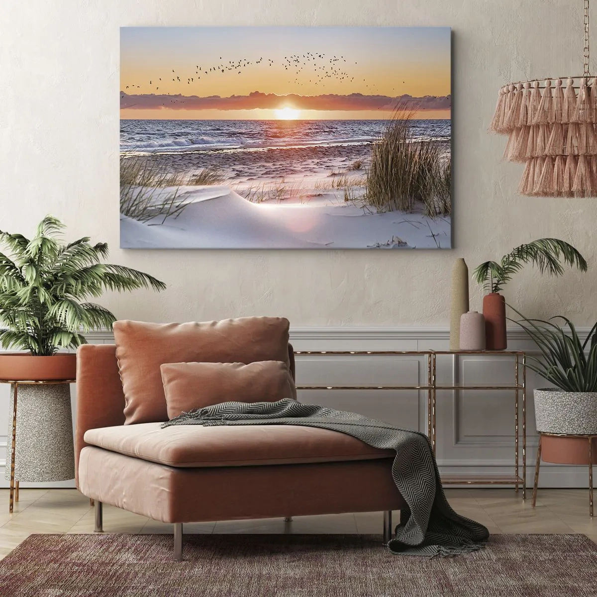 Quadro su tela - Stampe su Tela - Tramonto sul mare con vista sulle dune - 70x50cm - Paesaggio orizzontale - Decorazione murale moderna per soggiorno e camera da letto ARTTOR
