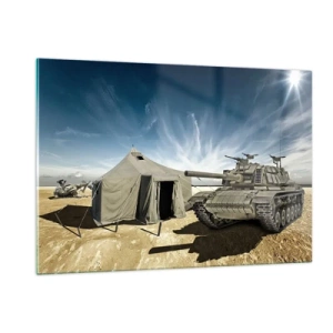 Quadro su vetro - Un carro armato e una tenda sullo sfondo del deserto sotto un cielo azzurro - 120x80cm - Sogno militare - Decorazione murale moderna per soggiorno e camera da letto ARTTOR