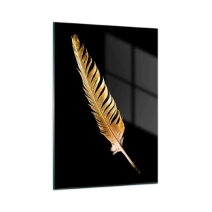 Quadro su vetro - Una piuma dorata su sfondo nero in stile minimalista - 50x70cm - Non una piuma qualsiasi.... - Decorazione murale moderna per soggiorno e camera da letto ARTTOR