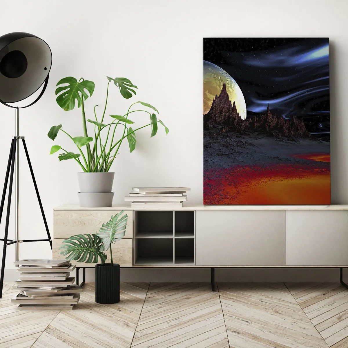 Quadro su tela - Stampe su Tela - Un paesaggio fantastico con pianeti e scenari vulcanici - 70x100cm - Un mondo sconosciuto - Decorazione murale moderna per soggiorno e camera da letto ARTTOR