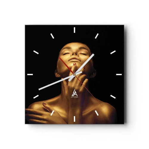 Orologio da parete - Orologio in Vetro - Ritratto di una donna in un bagliore dorato su sfondo nero - 30x30cm - Come seta d'oro - Decorazione murale moderna per soggiorno e camera da letto ARTTOR
