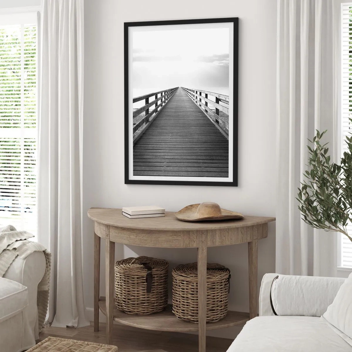 Poster in cornice nera - Un ponte bianco e nero che conduce all'infinito - 50x70cm - Sempre più lontano - Decorazione murale moderna per soggiorno e camera da letto ARTTOR
