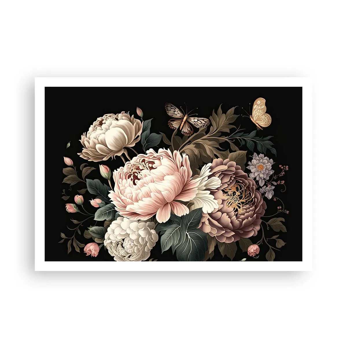 Poster - Un bouquet di fiori rosa e farfalle su uno sfondo nero - 100x70cm - In stile barocco - Decorazione murale moderna per soggiorno e camera da letto ARTTOR