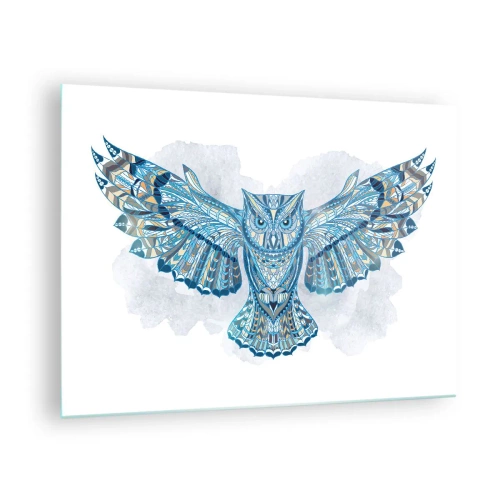 Quadro su vetro - Gufo blu con ali spiegate in stile geometrico - 70x50cm - Dal bosco sacro celtico - Decorazione murale moderna per soggiorno e camera da letto ARTTOR