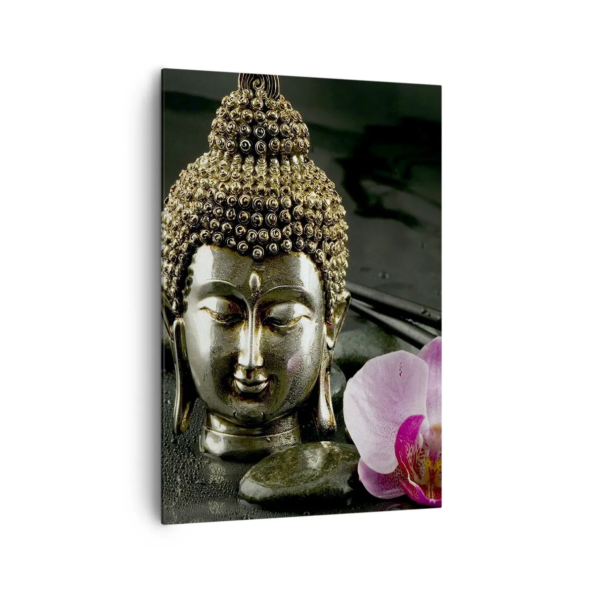 Quadro su tela - Stampe su Tela - Una statuetta di Buddha con un'orchidea e delle bacchette su uno sfondo di pietre - 70x100cm - Armonia di saggezza e bellezza - Decorazione murale moderna per soggiorno e camera da letto ARTTOR