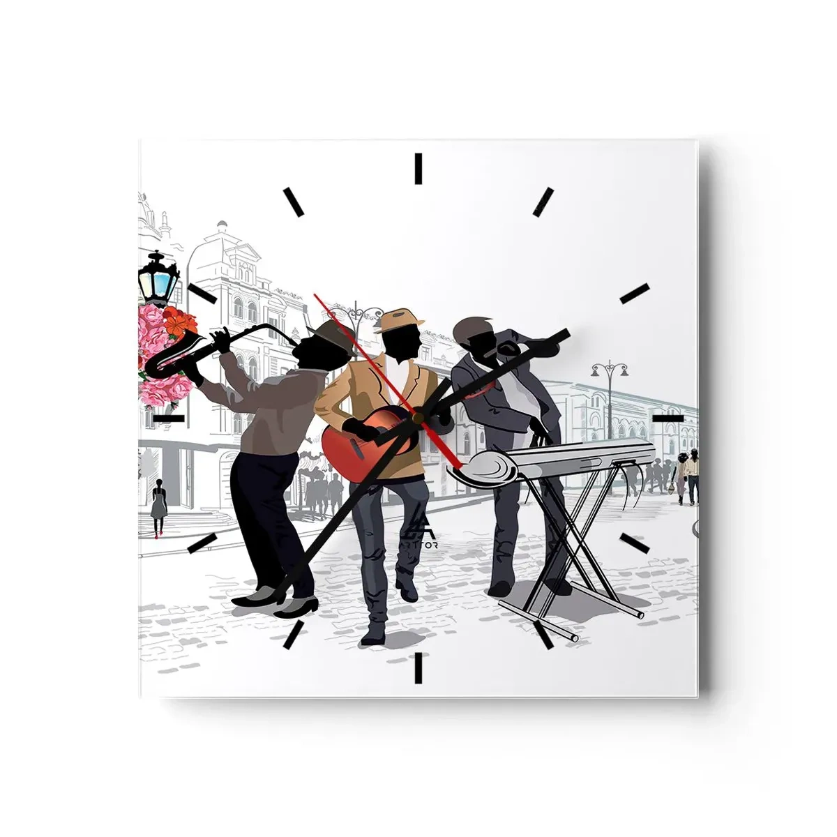 Orologio da parete - Orologio in Vetro - Musicisti di strada che suonano sullo sfondo di un paesaggio urbano - 30x30cm - Musica da strada - Decorazione murale moderna per soggiorno e camera da letto ARTTOR