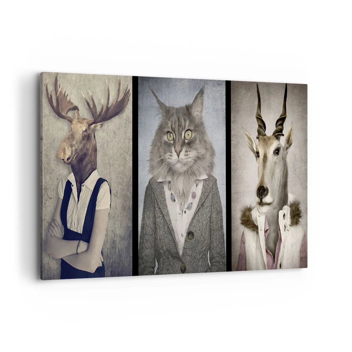 Quadro su tela - Stampe su Tela - Un trittico con figure di animali in abiti eleganti su uno sfondo stilizzato - 120x80cm - Le pellicce sono nuovamente di moda - Decorazione murale moderna per soggiorno e camera da letto ARTTOR
