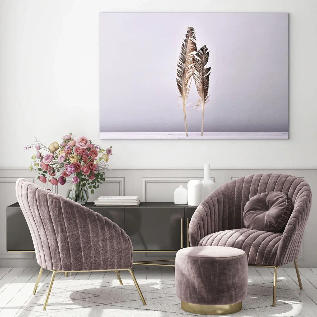 Quadro su vetro - Due piume delicate su uno sfondo chiaro - 100x70cm - Contro il nulla - Decorazione murale moderna per soggiorno e camera da letto ARTTOR