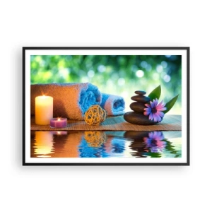 Poster in cornice nera - Set SPA rilassante con asciugamani, candele e pietre - 100x70cm - Tempo per il corpo - Decorazione murale moderna per soggiorno e camera da letto ARTTOR