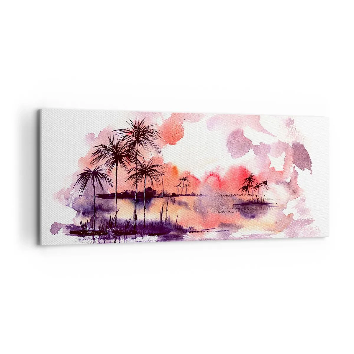Quadro su tela - Stampe su Tela - Paesaggio tropicale con palme al tramonto in acquerello - 120x50cm - Pace dei tropici in rosso - Decorazione murale moderna per soggiorno e camera da letto ARTTOR