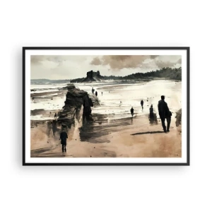 Poster in cornice nera - Passeggiatori sulla spiaggia in un paesaggio tranquillo - 100x70cm - Convocati - Decorazione murale moderna per soggiorno e camera da letto ARTTOR