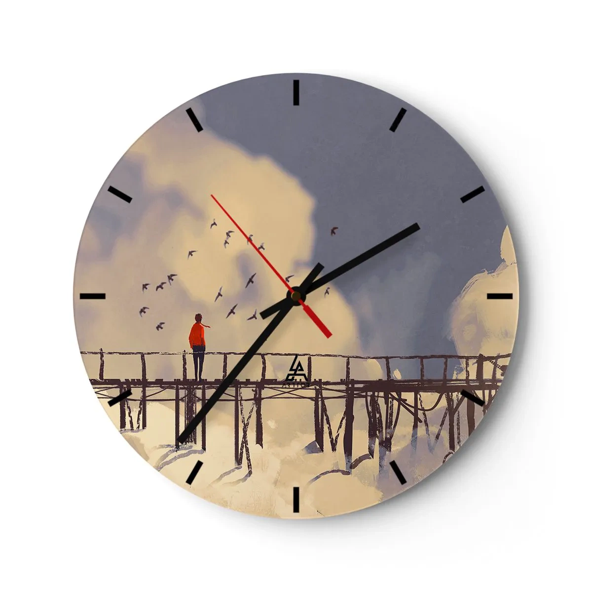 Orologio da parete - Orologio in Vetro - Una figura su un ponte con uccelli sullo sfondo del cielo e delle nuvole - 30x30cm - Nostalgia del cielo - Decorazione murale moderna per soggiorno, cucina e camera da letto ARTTOR