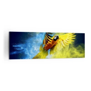 Quadro su tela - Stampe su Tela - Un pappagallo in volo sullo sfondo di esplosioni colorate di giallo e blu. - 160x50cm - Nella polvere gialla e blu - Decorazione murale moderna per soggiorno e camera da letto ARTTOR