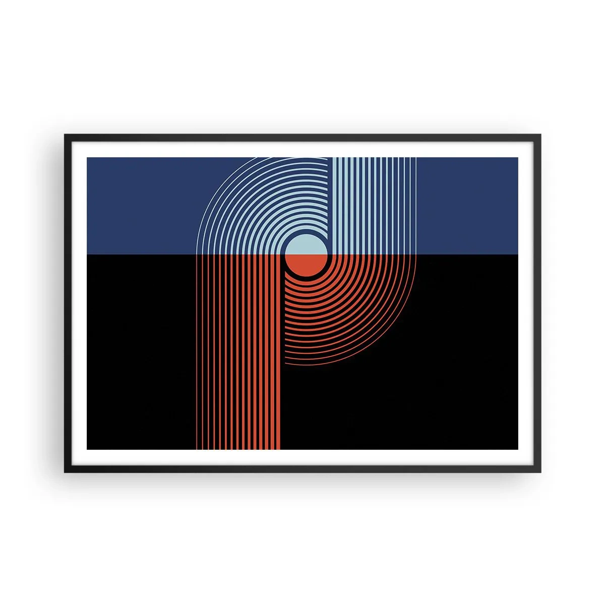 Poster in cornice nera - Astrazione geometrica con linee blu navy e arancione. - 100x70cm - Nell'abbraccio geometrico - Decorazione murale moderna per soggiorno e camera da letto ARTTOR