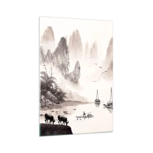 Quadro su vetro - Un pittoresco paesaggio in stile asiatico con montagne nebbiose - 70x100cm - L'esotica quotidianità dell'Oriente - Decorazione murale moderna per soggiorno e camera da letto ARTTOR